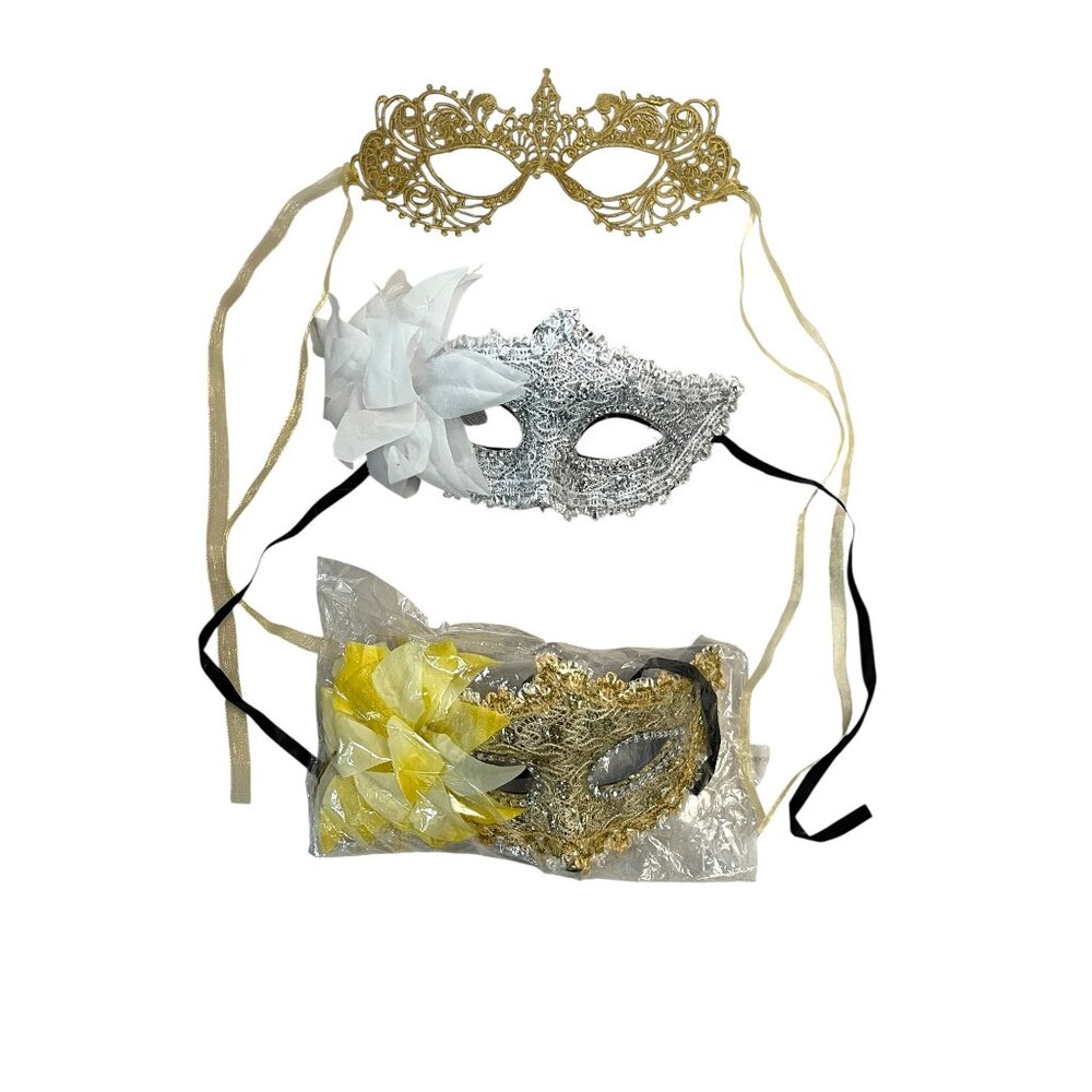 Set of 3 Decorative Masquerade Masks – Gold, Silver & Floral Accents – Lace & Ri